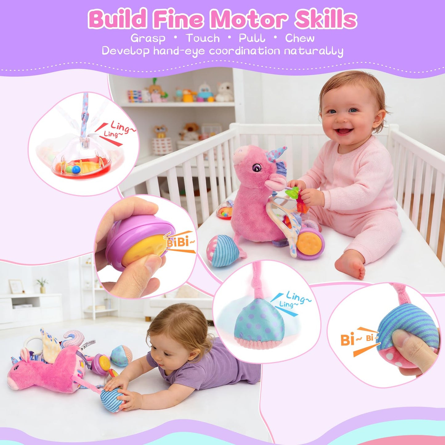 MPQMPQ Car Seat & Stroller Toy for Girl - Musical Sensory Plush with Rattle & Mirror Baby Toys 0-12 Months Hanging Travel Carseat Toys Soft Squeaky Stuffed Animal Unicorn for Babies Gifts