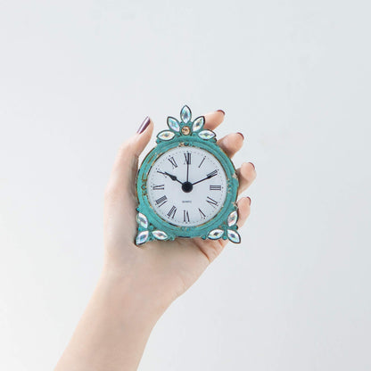 NIKKY HOME Vintage Pewter Quartz Mini Table Clock with Crystal Shining Rhinestone, 2.87 x 1.37 x 3.87 Inches, Aqua