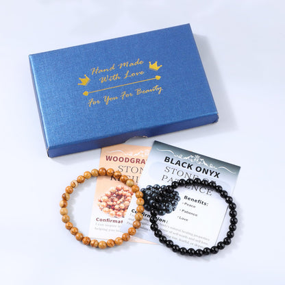 NCB 2-Piece 6mm Natural Crystal Gemstone Stretch Bracelets – ﻿Black Onyx, Woodgrain Jasper Handmade Reiki Energy Healing Jewelry for Meditation,Yoga, Unisex
