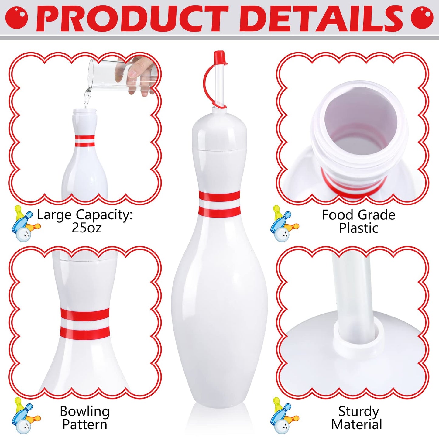 Funtery 12 Set Bowling Lovers Gifts for Men Women 25 oz Reusable Bowling Pin Plastic Water Bottles with Straws and Lids Sports Fans
