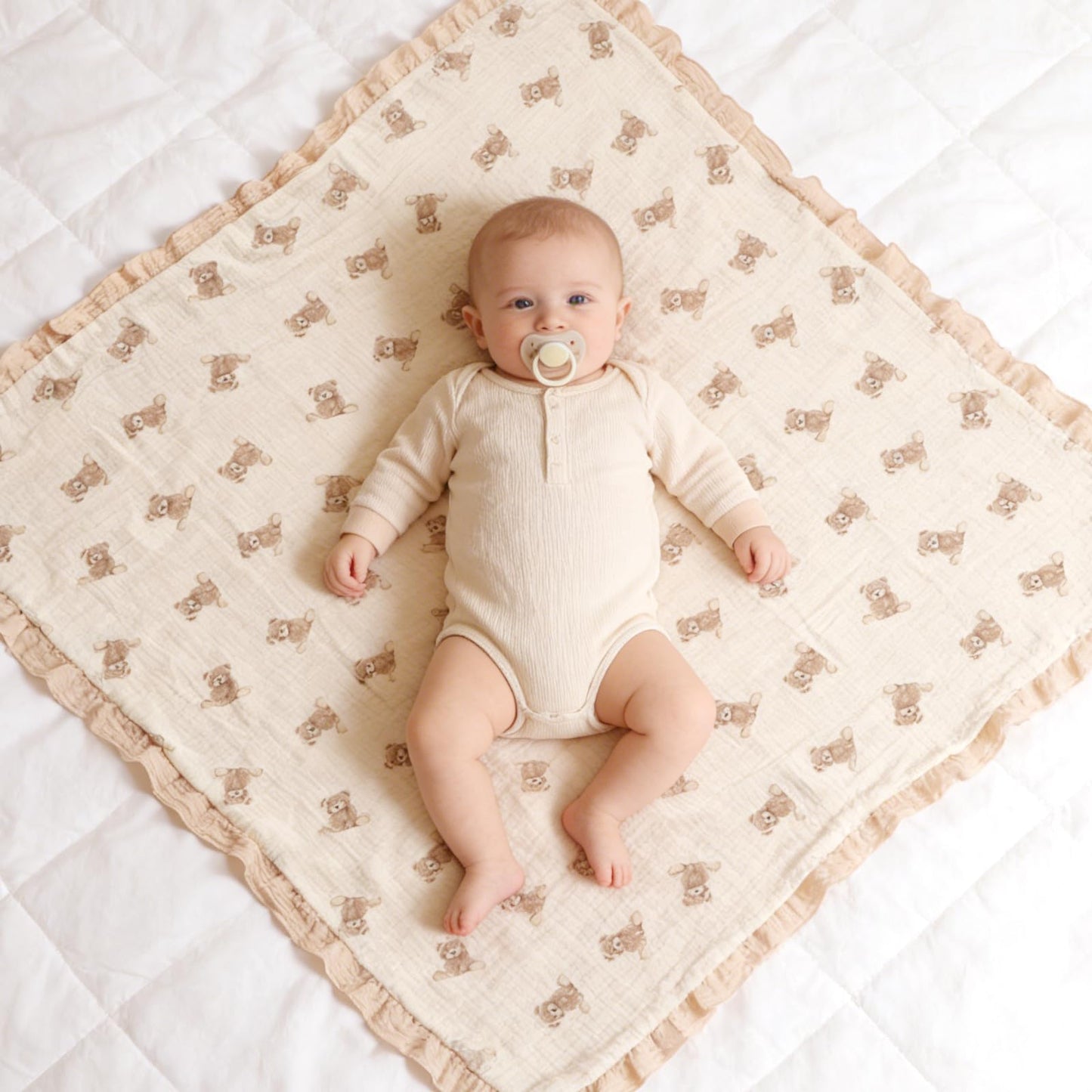 100% Organic Cotton Muslin Baby Blanket Flounce Edge Large 50"x43" Teddy Bear, Soft Breathable Toddler Quilt Crib Blankets Gender Neutral for Baby Boys and Girls Bassinet, Bed, Stroller & Snuggling