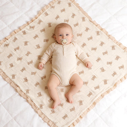100% Organic Cotton Muslin Baby Blanket Flounce Edge Large 50"x43" Teddy Bear, Soft Breathable Toddler Quilt Crib Blankets Gender Neutral for Baby Boys and Girls Bassinet, Bed, Stroller & Snuggling
