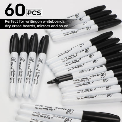 Buecs Black Dry Erase Markers, Low-Odor, 60 Count, Fine Point, Perfect for Writing on Whiteboards, Dry-Erase Boards, Glass, School Office Supplies