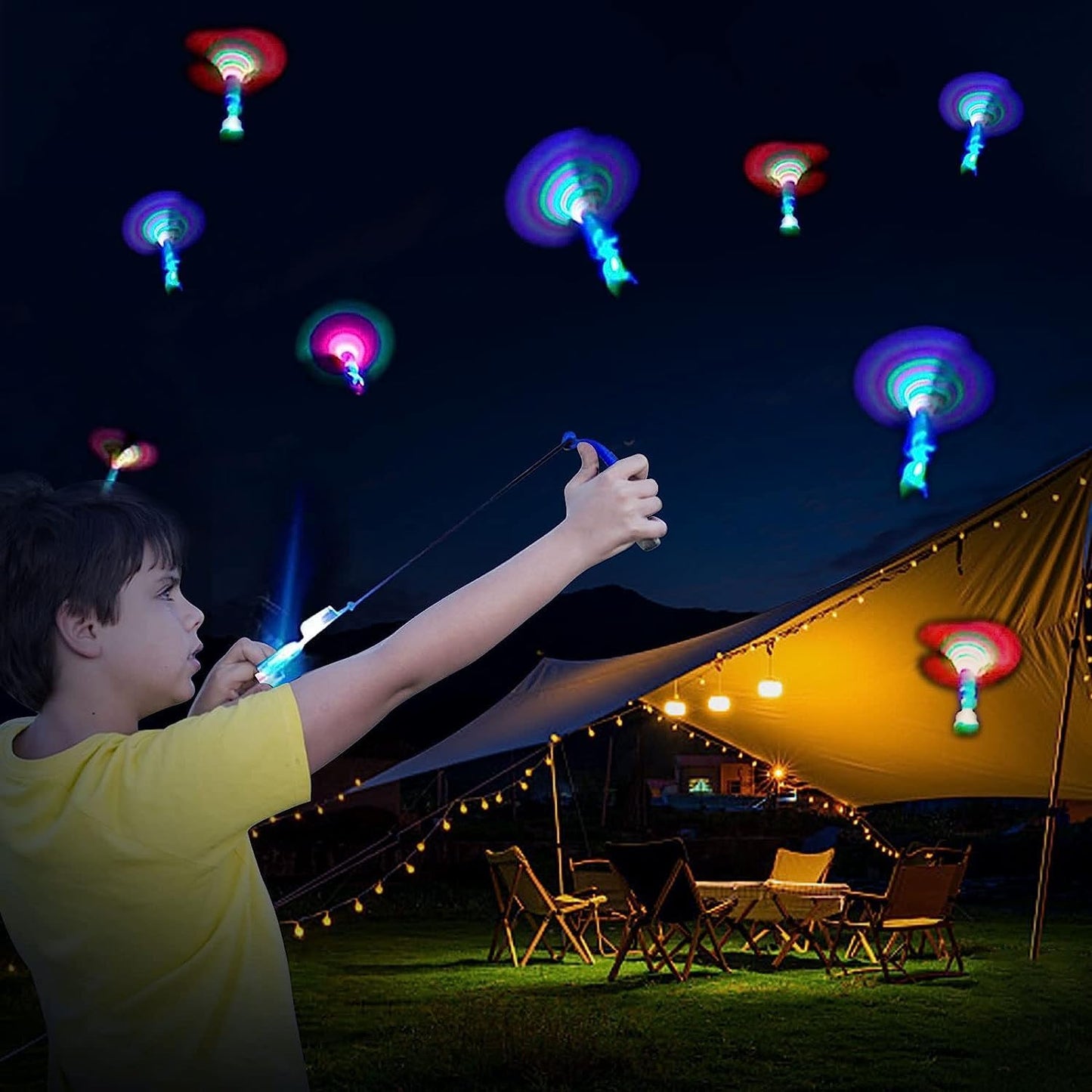 Ynybusi 50 Pcs Slingshot Flying Toys with Led Lights,25 Pcs LED Arrow Helicopters + 25 Pcs Launchers,Summer Outdoor Game Glow in The Dark Party Supplies Party Favors for Kids 4-8,8-12 Bulk Toys