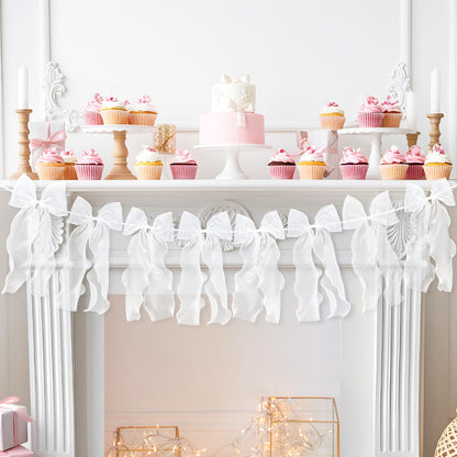 White Ribbon Bow Garland Banner, Girls Bow Birthday Party Decorations, Baby Shower Decor, Tying The Knot Bridal Shower Engagement Wedding Valentines Day Bows Party Supplies