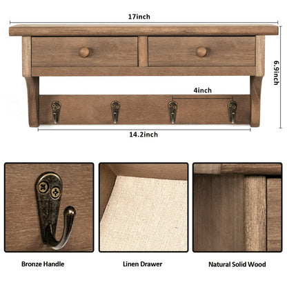 Emfogo Coat Hooks Mounted, Rustic Wood Coat Rack Mount Shelf with Hooks, Farmhouse Coat Rack with Shelf & Coat Hook for Entryway, Mudroom, Bedroom, Kitchen, Bathroom(Walnut)