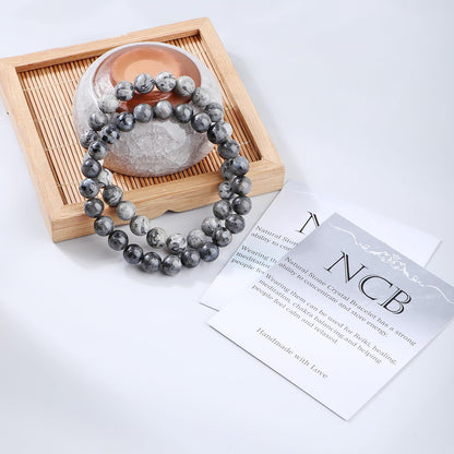 NCB 2-Piece 8mm Natural Crystal Gemstone Stretch Bracelets – ﻿Black Larvikite, Map Jasper Handmade Reiki Energy Healing Jewelry for Meditation,Yoga, Unisex