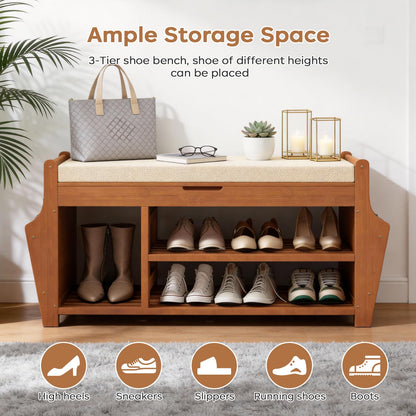 oakvivo 39.4in Shoe Bench with 2 Side Holder, 3 Tier Bamboo Entryway Bench with Storage, Shoe Rack Bench Organizer with Cushion for Entryway Hallway Living Room, Holds up to 330lbs