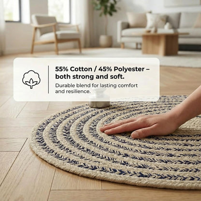 Cotton Braided Rug - 20" X 30" Beige and Navy Oval Woven Farmhouse Rug for Bathroom - Braided Minimalist Rugs for Kitchen - Rustic Primitive Rugs for Entryway