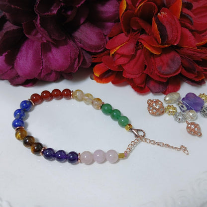 7 Chakra Bracelet (Tiger's Eye, Citrine, Aventurin, Amethyst, Lapis Lazuri, Quartz, Red Jasper, Ring Hematit) Adjustable Chain & Elastic Cord Beaded Bracelet (Durable and Comfortable)