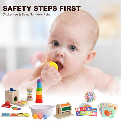 Child-Safe Montessori Educational Sensory Toy Set for Babies and Toddlers 6-12 Months - Must-Have for Early Development - 10 in 1 Wooden Learning Toy kit with Object Permanence Box, Stacking Cups etc