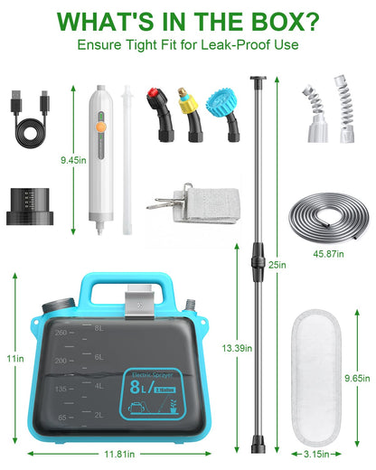 Battery Powered Garden Sprayer 2 Gallon, Electric Pump Sprayer with 3 Mist Nozzles, Rechargeable Handle, Telescopic Wand, Adjustable Strap, Water Spray Weed Sprayer for Lawn, Garden, Yard, Plants