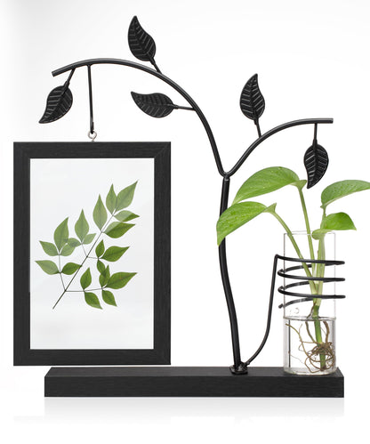 Afuly 4x6 Picture Frame Black with Metal Stand Glass Vase, Double Sided Glass Photo Frames, Wood Picture Frames Desk Modern Home Decor Anniversary wedding Gift for Couple Grandma Mom