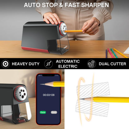 Aurbuex Heavy Duty Electric Pencil Sharpener S280, 3s Fast Sharpening, Dual Cutter Design, Zinc Alloy Blade for 12,000+ Sharpenings, Auto Start/Stop, for 6–12 mm Pencils, Classroom & Office Use