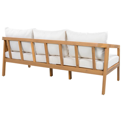 Christopher Knight Home Sures Acacia Wood Outdoor 3 Seater Sofa with Cushion, Solid Wood Patio Sofa with Removable Cushion, Comfy Lounge Sofa for Patio Furniture Set, Natural+Beige