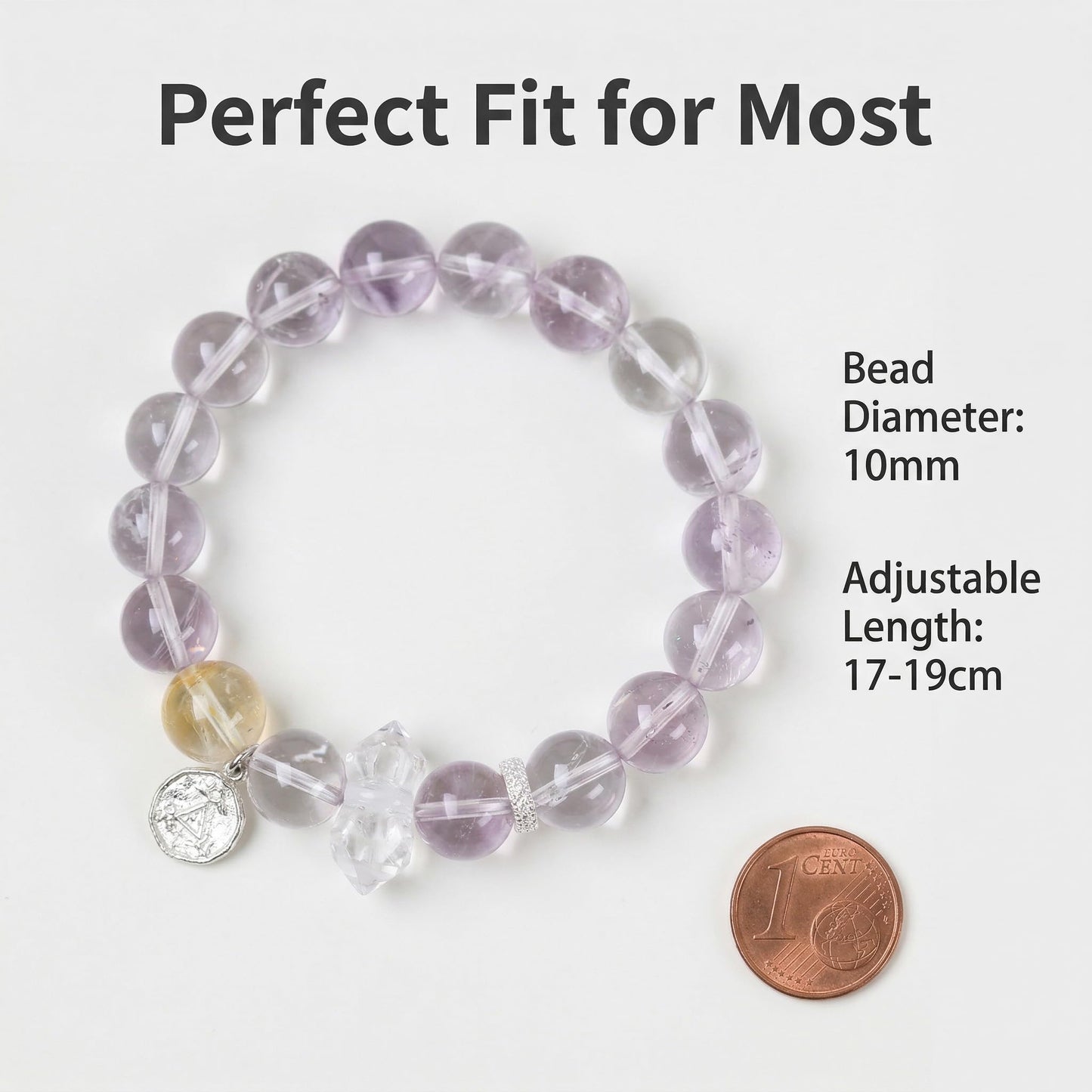 ANNIE WU Natural Crystal Bracelet for Women, Amethyst Citrine Clear Quartz Healing Beaded Bracelet, 925 Sterling Silver Adjustable Stretch Bracelet, 10mm Beads, 17-19cm, Spiritual Energy Jewelry Gift with Premium Box