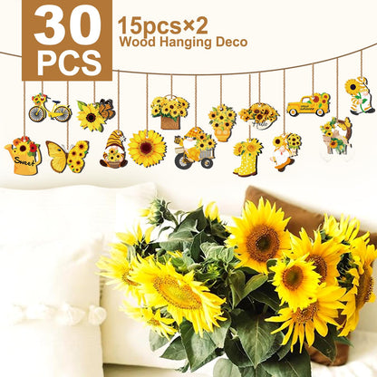 AFWHGM Sunflower Summer Wooden Ornaments Set - 30 Pcs Sunflower Tree Ornaments Garden Gnome & Flower Decor for Tree, Spring to Summer Home and Party Decorations