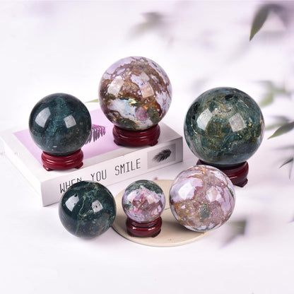 JIC Gem Natural Ocean Jasper Crystal Sphere Decorative Ball with Wooden Stand Meditation Balls for Witchcraft Reiki Healing Gift 50-60mm