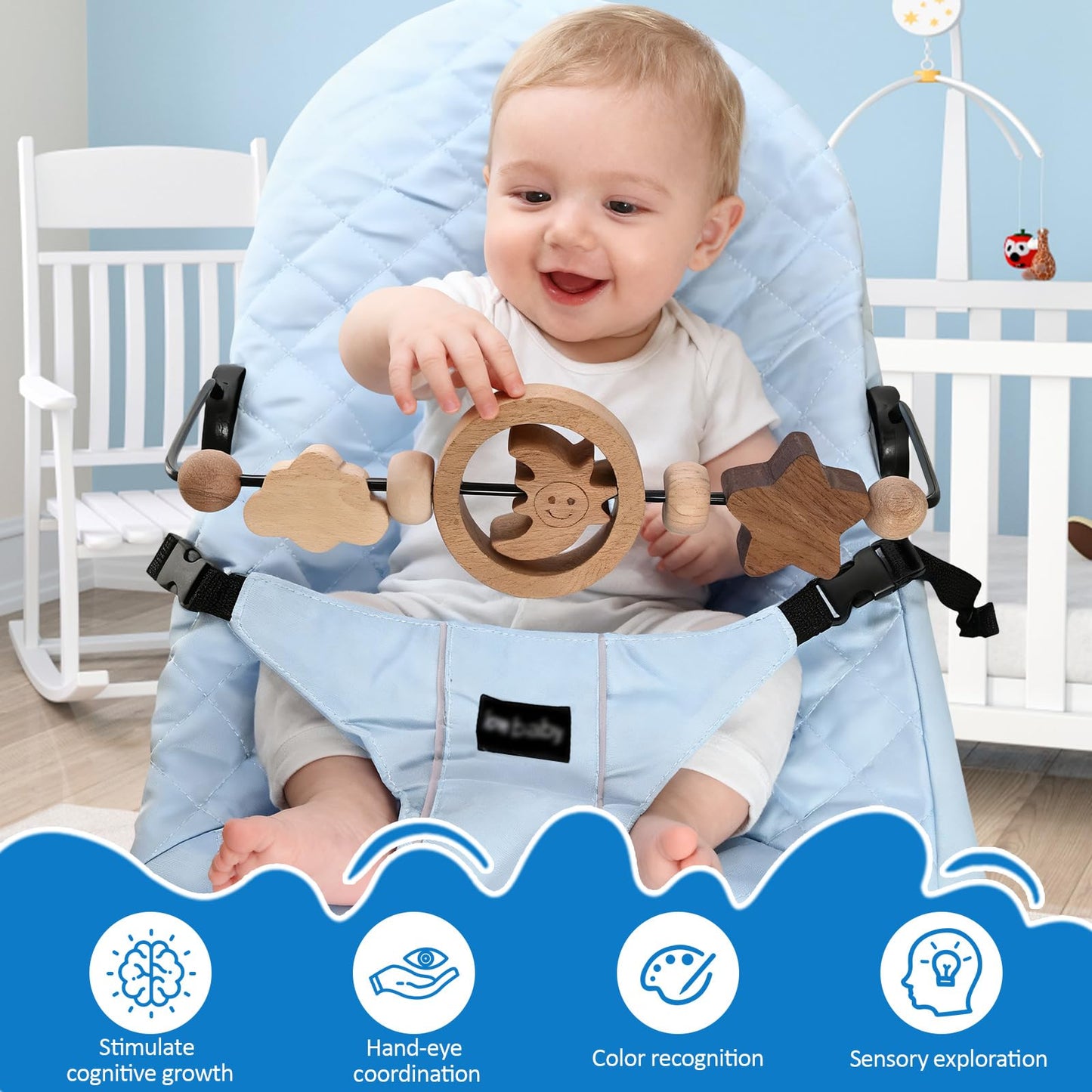 SeaZeHui Natural Wooden Activity Toy Bar for Baby Bjorn Bouncer, 360° Rotating Smiling Moon Hanging Toys for Infant Car Seat & Stroller, Sensory Development Toy 0-12 Months