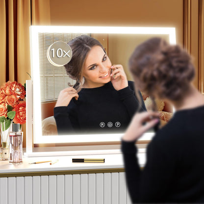 Gvnkvn Lighted Makeup Mirror, 17.3"x13" Hollywood Vanity Mirror with Led Lights, Three Color Lighting Modes, and 10X Magnification Mirror, Smart Touch Control, 360°Rotation (White, Gift Box)
