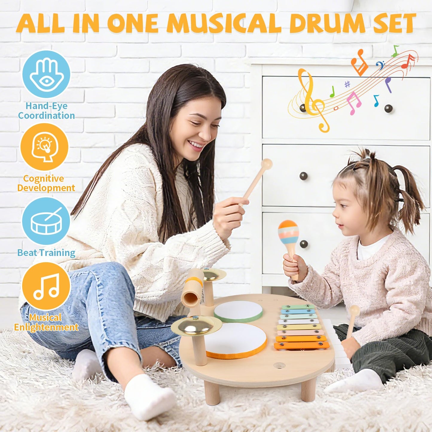 YHHYTOY Toddler Drum Set for Kids, Wooden Montessori Toys for 2 Year Old, Baby Musical Instruments Percussion Set with Xylophone, Toddler Gifts for 2 3 4 Year Old Girls Boys Kids
