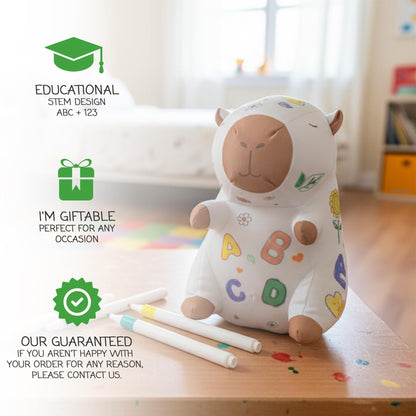 KB Mlotek Capybara Coloring Plush Toy - Washable Doodle Stuffed Animal with Traceable Numbers & Letters - Color Me Plush Includes 4 Markers - Educational Reusable Draw on Stuffed Animal Doodle Doll