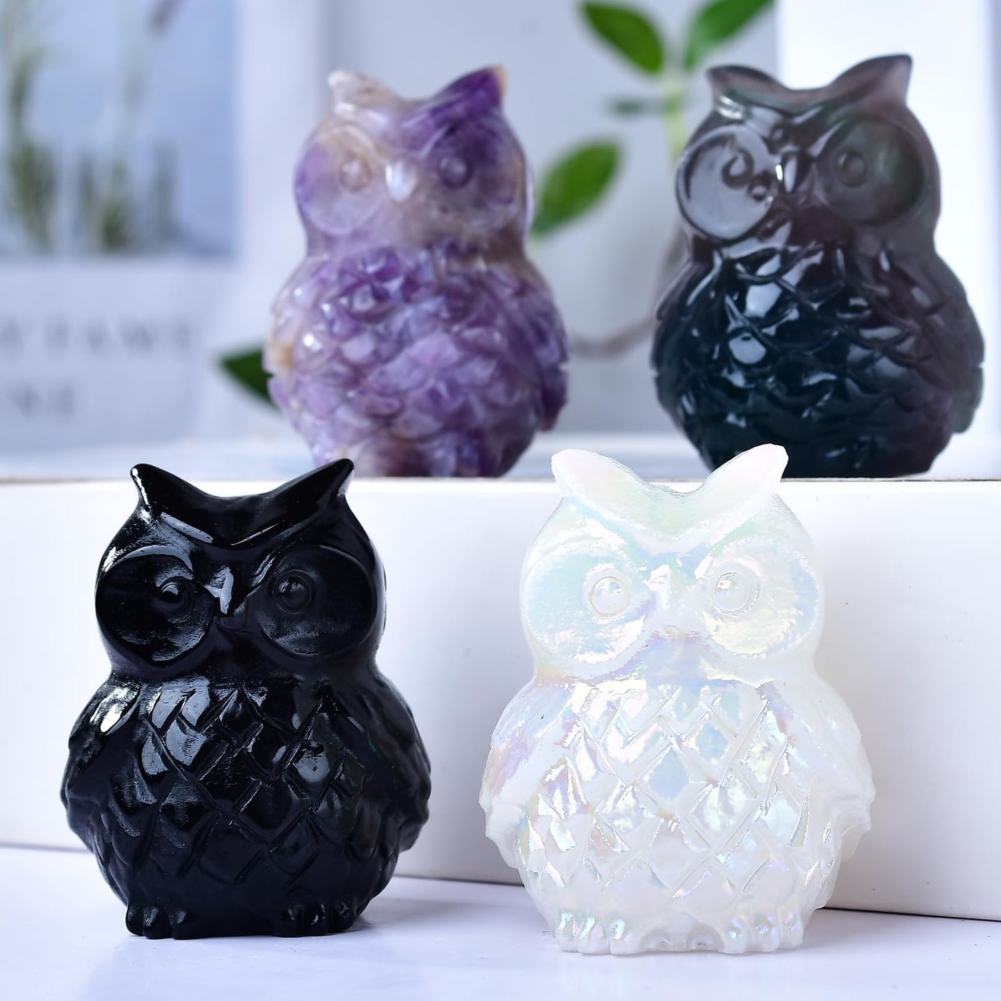 Ytbeoxk 1.9 Inch White Jade Owl Statue Owl Figurine Home Decor, Healing Crystal Cute Decor Figurines,Sculpture Hand-Carved Gemstones,Bedroom Office Spiritual Gift, Owl Gifts for Women Men