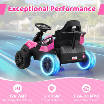 Costzon Electric Go Kart for Big Kids, 12V Ride on Race Toy Car w/Remote Control, LED Lights, 3 Speeds, 16" Wide Seat, Shock Absorbers, Horn & Music, Racing Kids Electric Kart for Boys & Girls (Pink)