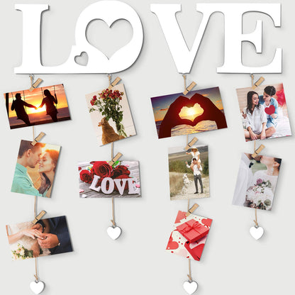 Chuangdi Valentine Picture Frames Love Hanging Photo Display Wall Decor with Clips String Picture Hanger Heart Design Decorative Organizer Display for Home Bedroom Living Room Decoration (White)