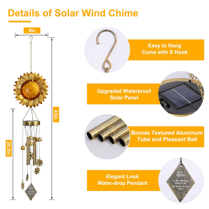 LOVERUIS Sunflower Solar Wind Chimes-Solar Lights Outdoor with Wind Chimes, Sunflower Gifts for Women Mom Grandma, Garden Decor for Patio Yard Pathway, Hanging Solar Lantern Wind Chimes