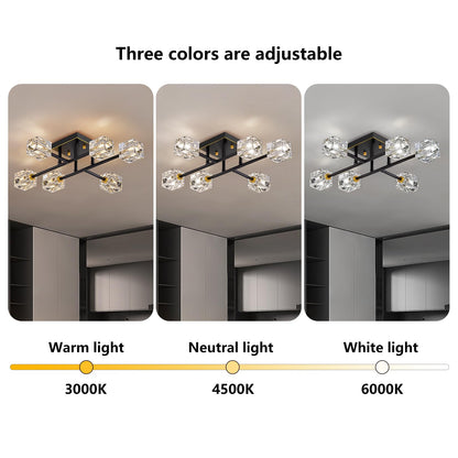 Semi Flush Mount Ceiling Light Fixture,6-Light Modern Crystal Chandeliers,Black and Gold Farmhouse Lighting Fixtures for Dining Room Living Room Kitchen Bedroom Entryway
