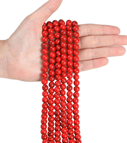LAIDANLA Red Turquoise 8mm Natural Stone Beads Round Loose Gemstone Stone Beads for DIY Bracelet Necklace Earrings Jewelry Making Polishing Genuine Real Beading Crystal 96PCS 2 Strand 32"