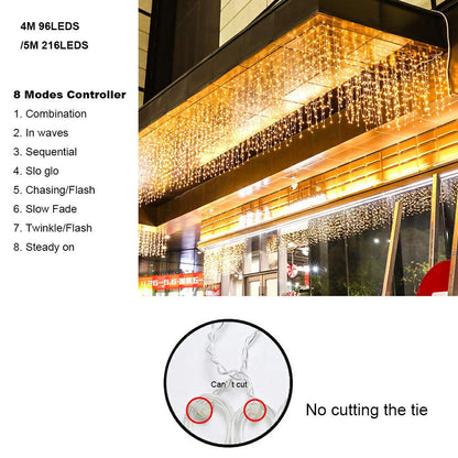 ZIMINGU Icicle Diwali Lights Outdoor, Christmas Hanging Window Curtains Dangling 16.4FT 216LEDs 8 Modes Weeping Willow Ceiling Fairy String Lights, Warm White, 5M
