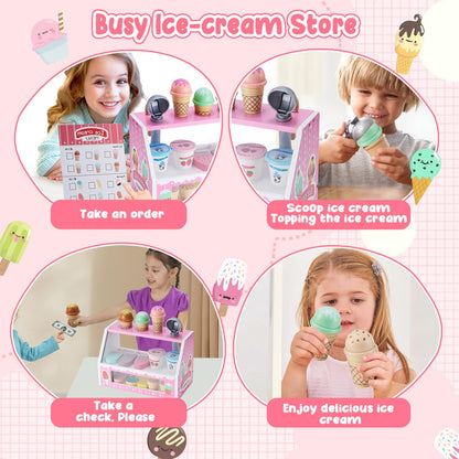 WHOHOLL Wooden Ice Cream Counter Playset for Toddler Girl Toys, Play Store Pretend Toy Food Play Kitchen Accessories with Fake Money & Coin, Christmas Birthday Gifts for 3+ Year Old Kids (Pink)