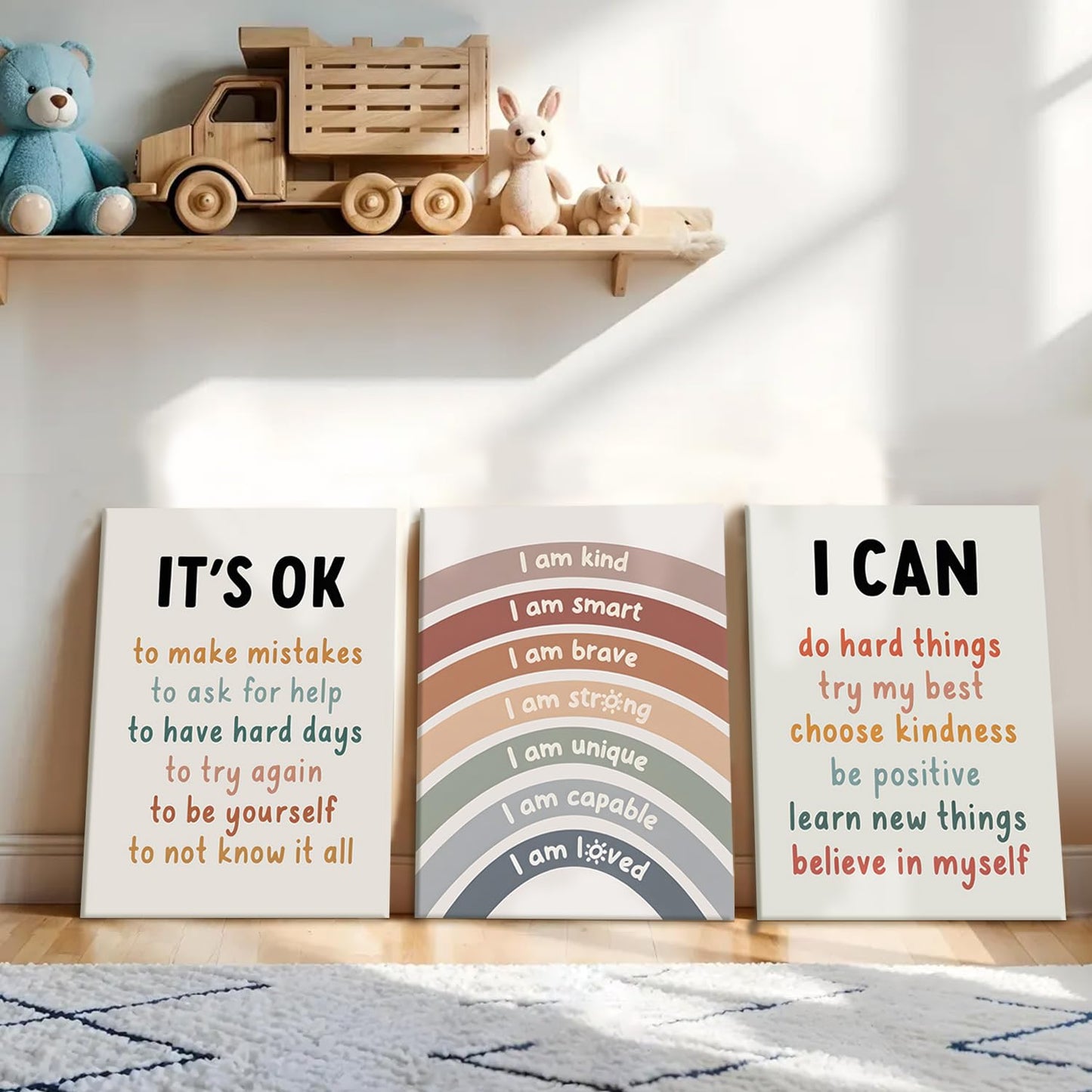 RUMSICH 3-Pcs Children's Motivational Quotes Canvas Framed Wall Art: I am Kind and Brave Wall Decor Artwork with Positive Affirmations Poster Print for Baby Room/Toddler Room Decoration16 x 24 inch