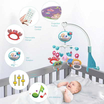 YUNGCHI Baby Mobile for Crib with Crib Toys Music and Lights for Pack and Paly Crib Musical Carousel Mobile Baby Mobile for Girls and Boys Portable Mobile for Baby Bassinet Toys Hanging - Blue