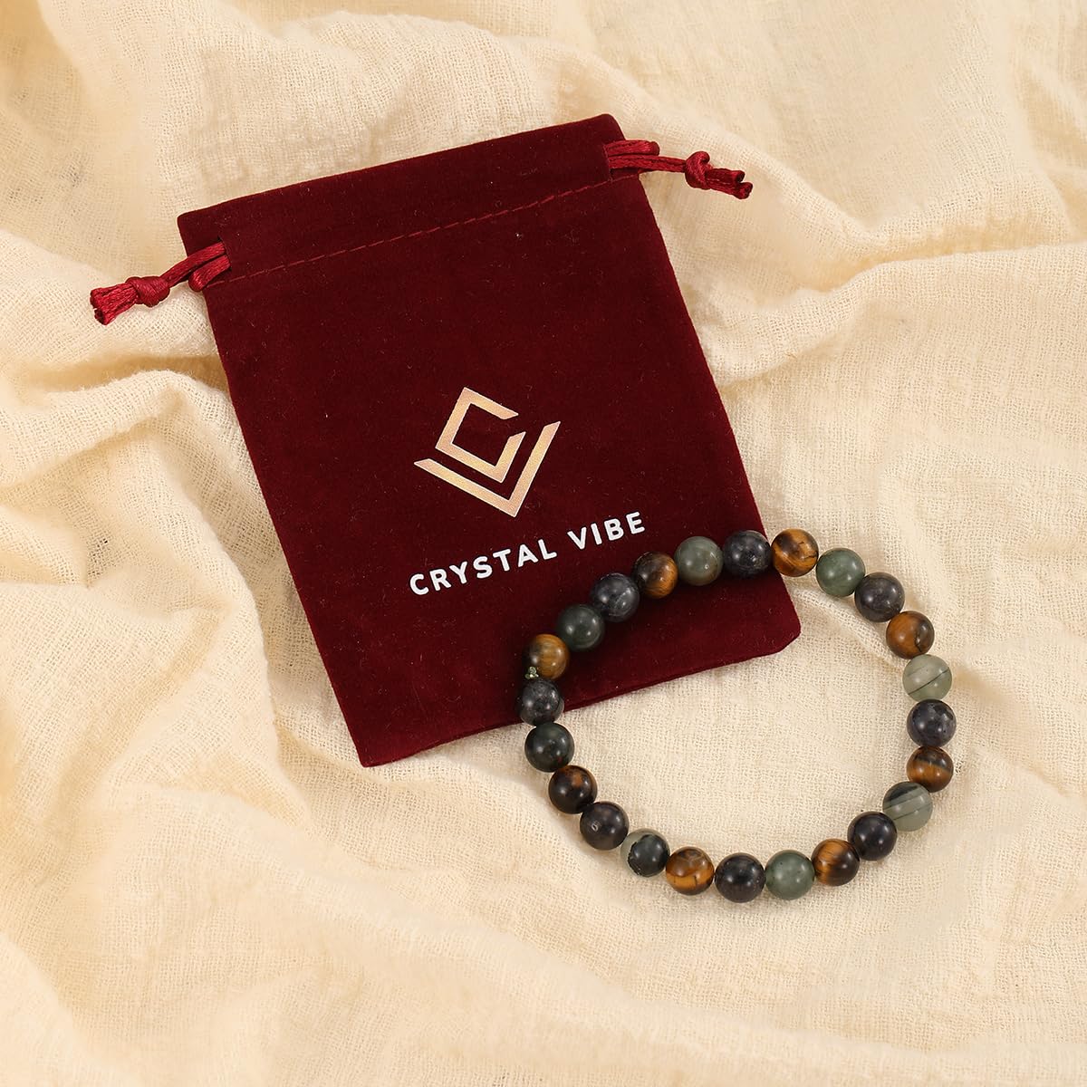 Crystal Vibe Triple Protection Bracelet - Tiger's Eye - Bloodstone - Iolite - Natural Gemstone Healing Bracelet - 8mm Beaded Bracelet for Protection Balance - Elastic Adjustable Size