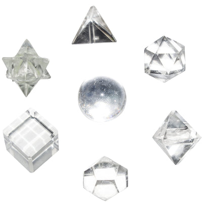 Crocon Clear Quartz 7 Pcs Platonic Solid Sacred Stones Geometry Set for Reiki Healing Chakra Stone Balancing Crystal Cleansing Spiritual Money Good Luck Decor Size: 15-20 mm