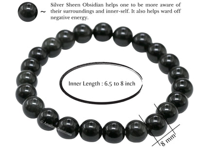 Amazing Gemstone Crystal Bracelet for Women Men's Gifts - Protection Healing Crystal Bracelet - 8mm Gemstone Beaded Stretchable Bracelet Pulseras Para Hombres Mujer Stocking Stuffers Mothers Day Gift (Silver Sheen Obsidian)