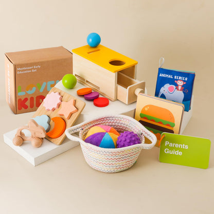 Montessori Toys for Babies 6-12 Months 6 in 1 Learning Educational Toys Set Wooden Toys Play Kit Includes Object Permanence Box, Touch & Match Board, Sensory Ball & Treasure Basket, Soft Baby Book