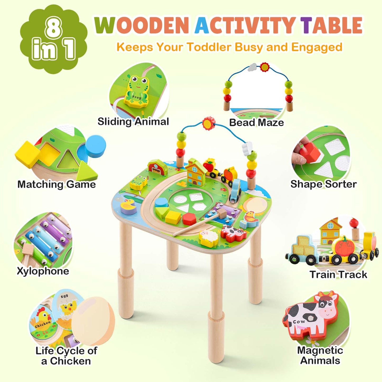 Activity Table for 1 Year Old with Two Height Levels,Wooden Sensory Play Table for Toddlers 1-3,8 in 1 Montessori Learning Toy with Bead Maze, Shape Sorter & Train,Gift for Baby Boys Girls (Farm)