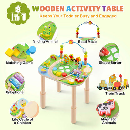 Activity Table for 1 Year Old with Two Height Levels,Wooden Sensory Play Table for Toddlers 1-3,8 in 1 Montessori Learning Toy with Bead Maze, Shape Sorter & Train,Gift for Baby Boys Girls (Farm)