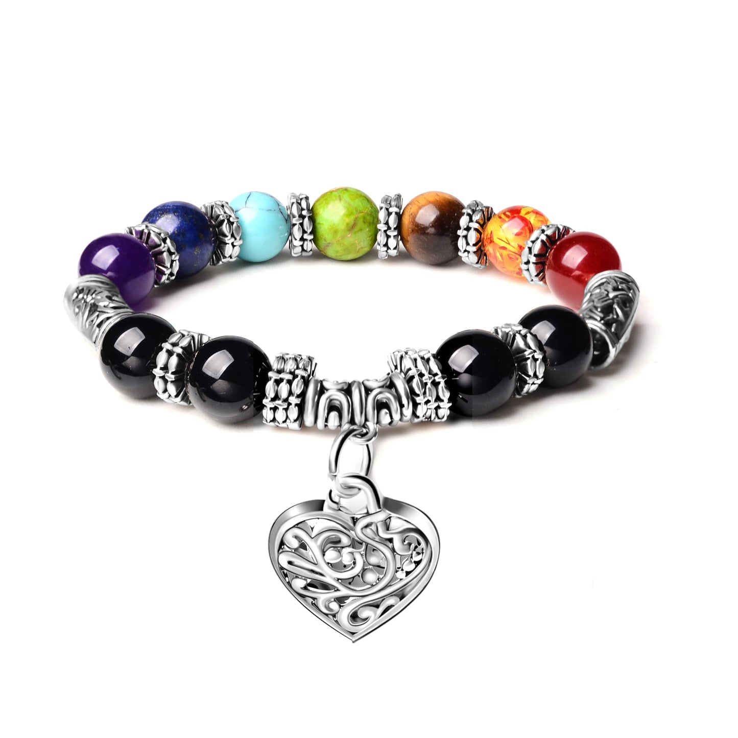 eMeition 7 chakra bracelet natural beads yoga meditation religion healing balance stones beaded healing balance bracelets for women heart pendant (heart)