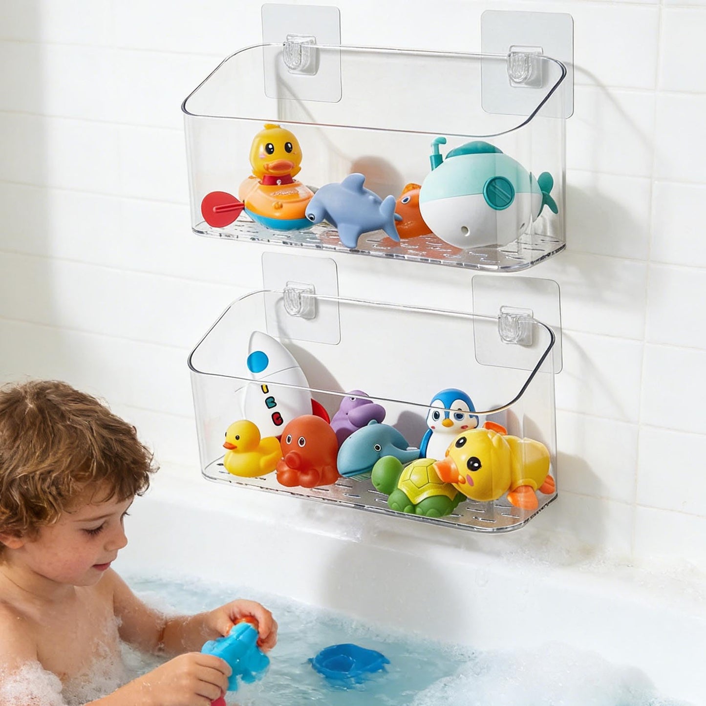 Eunion Bath Toy Storage Organizer, Bathtub Toy Storage Holder, Large Capacity Wall Mounted Shower Caddy Shower Organizer, No Drill Shelves Basket, Clear White, 2 Pack