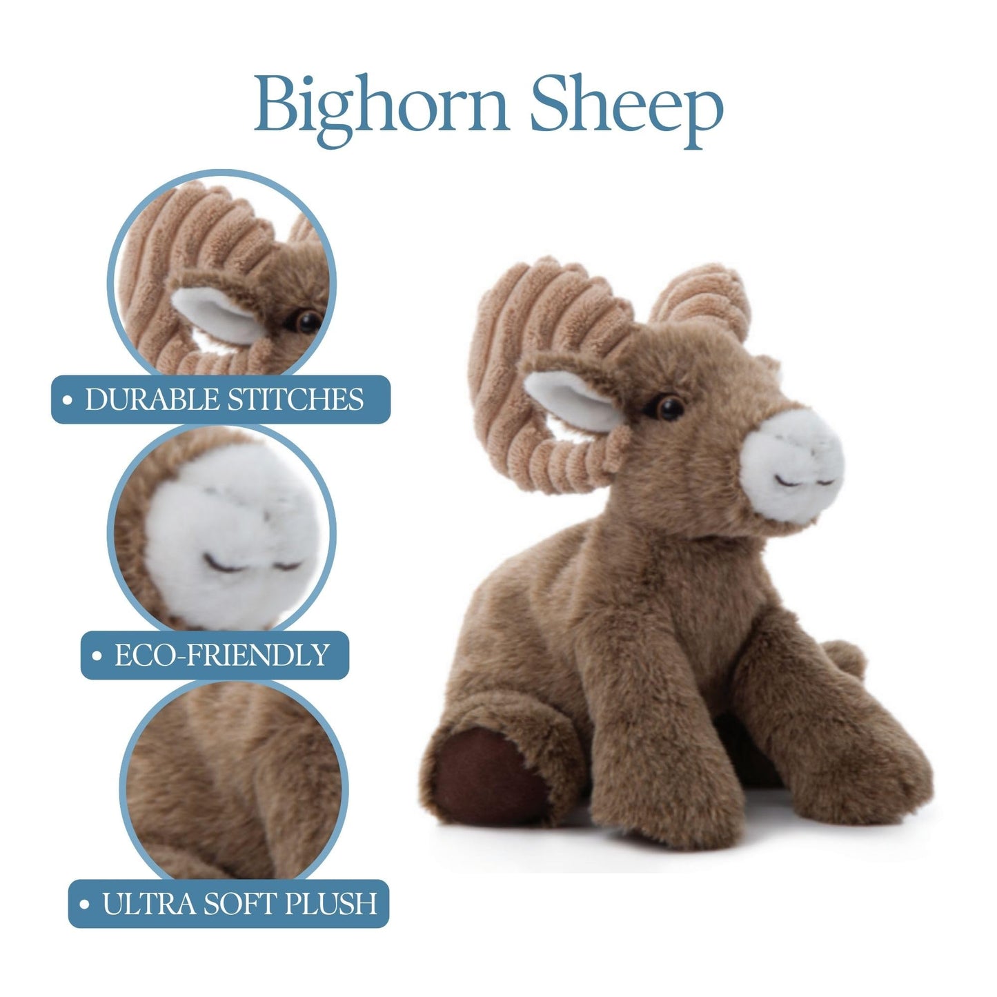 The Petting Zoo Big Horn Sheep Stuffed Animal Plushie, Gifts for Kids, Wild Onez Wildlife Animals, Sheep Plush Toy 9 inches