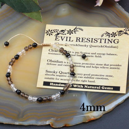 CHCCOYE 4mm Handmade Adjustable Natural Gemstone Crystal Bracelet Healing Power Energy Inspirational Gifts with Card for Unisex (Negative Resistance)