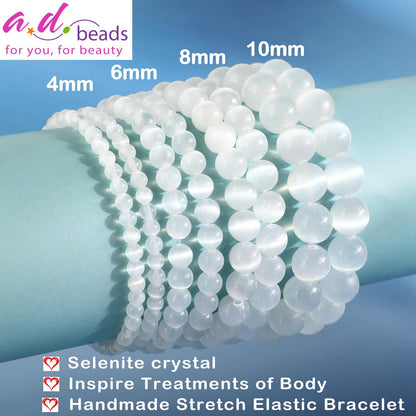 AD Beads 6mm Handmade Selenite crystal Elastic Bracelet – Natural Gemstone for Inspire treatments of body – Meditation, Yoga, Healing and Energy Gift for Men Women