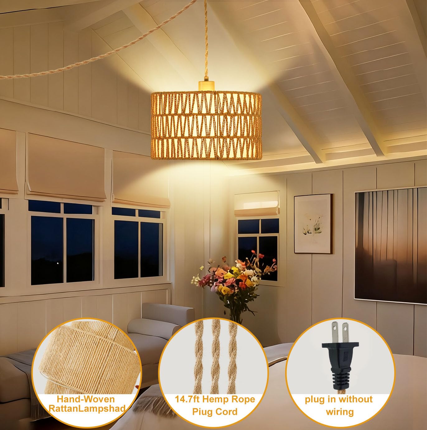 Vannise Dimmable Boho Hanging Lights with Plug in Cord 14.7ft，2 in 1 Shade Plug in Pendant Light Rattan Hanging Lamp with E26 Bulb, Long Lasting Wicker Plug in Pendant lamp Fixture for Living Bedroom