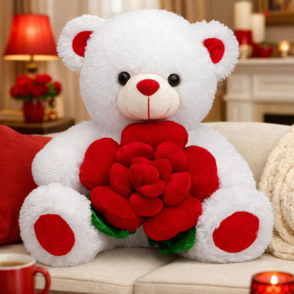 BEJOY Teddy Bear Stuffed Animals Plush Bear Holding Rose Soft Plush Toy Gifts 16 inches White