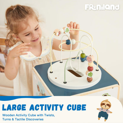FReniland Wooden Activity Cube，Five Sided Montessori Toys，Sensory Toy for Toddler，Gift for Boys and Girls Over 18 Months
